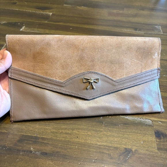 Leather Suede Envelope Clutch Bag Tan Gray Neutral Bow Vintage Bohemian Festival - Picture 2 of 9
